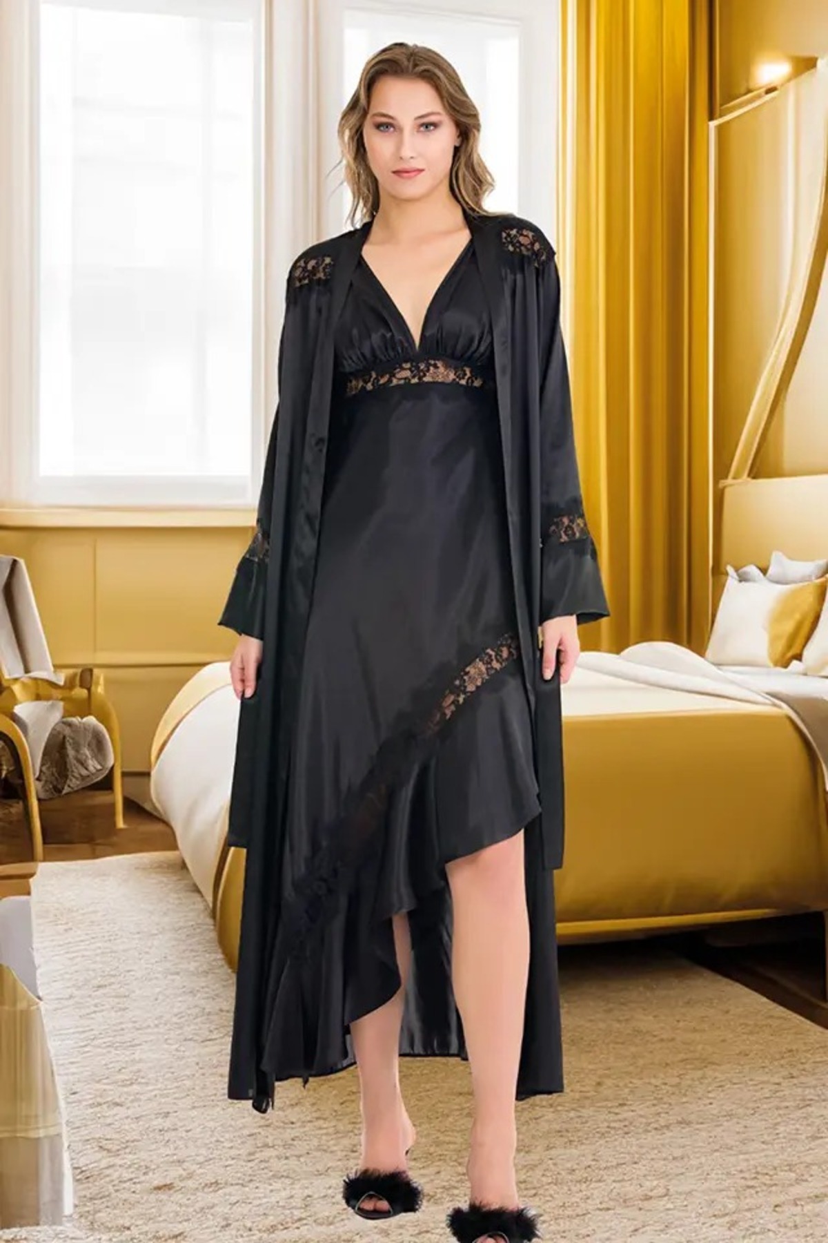 aynora Kadın Çapraz Etekli Dantelli Siyah Saten Uzun Gecelik Sabahlık Takım