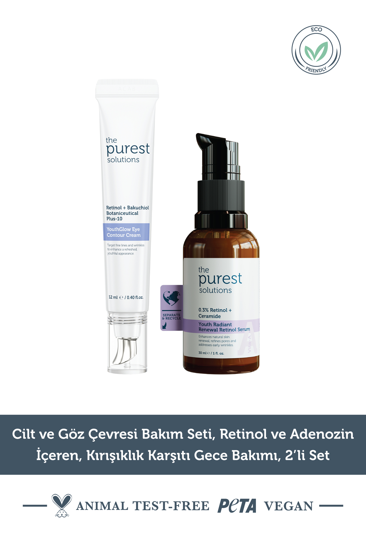 The Purest Solutions Cilt ve Göz Çevresi Bakım Seti, Retinol ve Adenozin İçeren, Kırışıklık Karşıtı Gece Bakımı, 2’li Set — TPS375