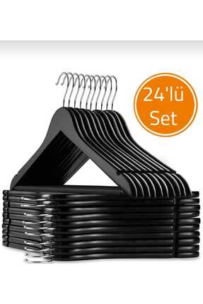 widea Elbise Askısı Siyah 24’lü Set – Gümüş Metal Kancalı Plastik Askı