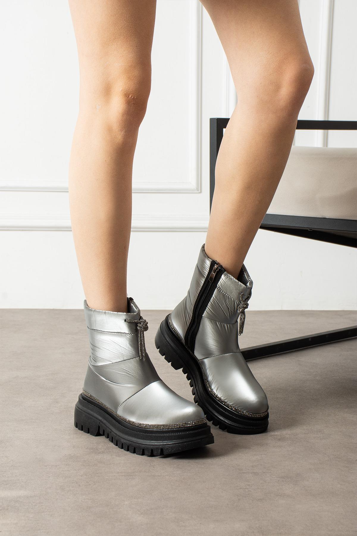 ShoeTek Gavia Kadın Kar Botu Fermuarlı Taşlı Paraşüt Kumaş Platin