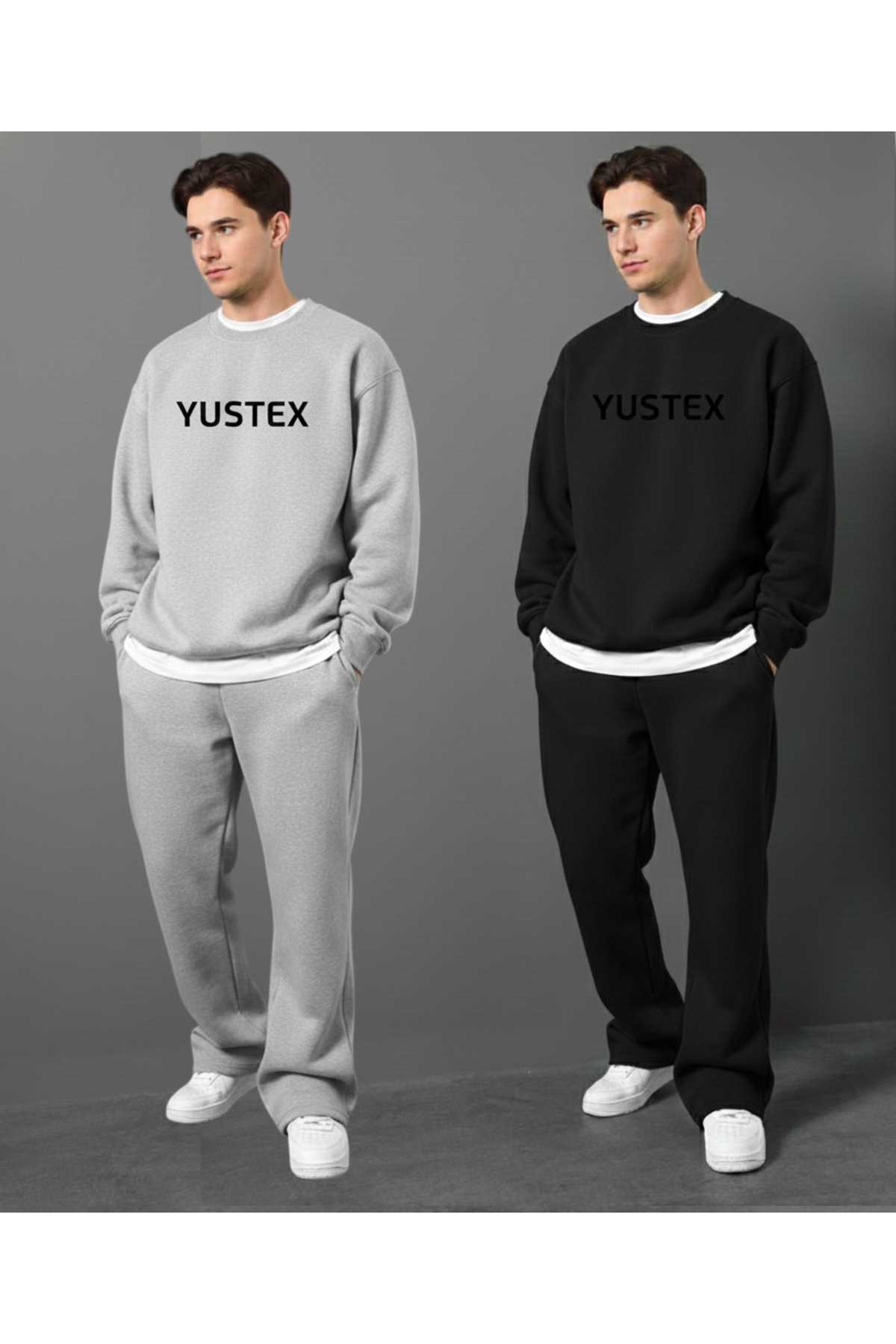 CANDERO Winter Fleece-Lined Cotton Inside Men's 2 Pieces (Black + Grey) Sweatpants Wide Leg Baggy Plus Size with Pockets