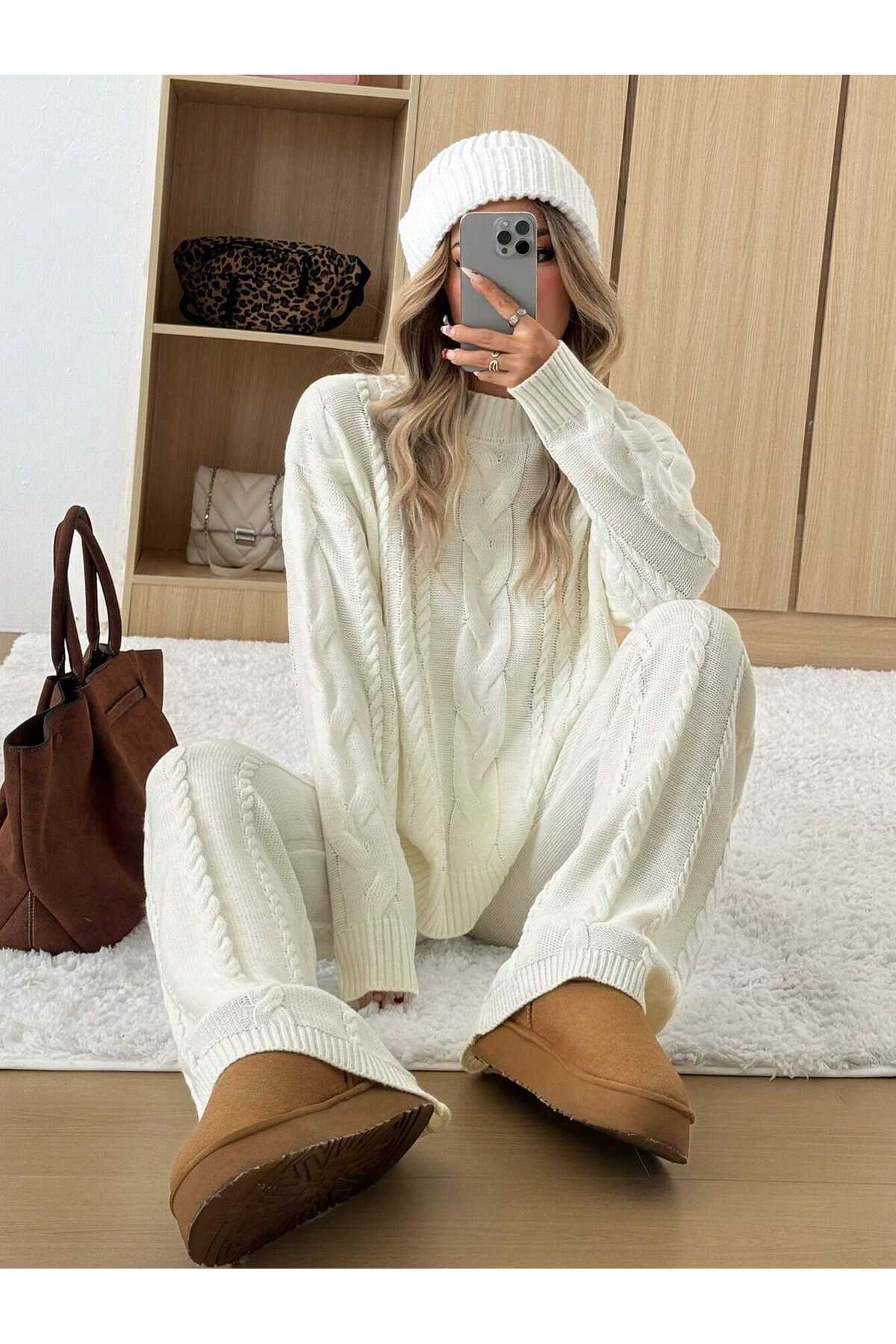 KAREN TEKSTİL set de 2 piese, pulover și pantaloni împletit cu păr