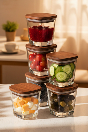 Snippy Prime - 6'lı Ahşap Vakumlu Kapaklı Cam Kahvaltılık Çok Amaçlı Cam Çere...