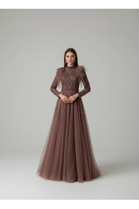 MODA Kristal Boncuk İşlemeli Omuz Volanlı Prenses Model Şık Gece Tesettür Abi...