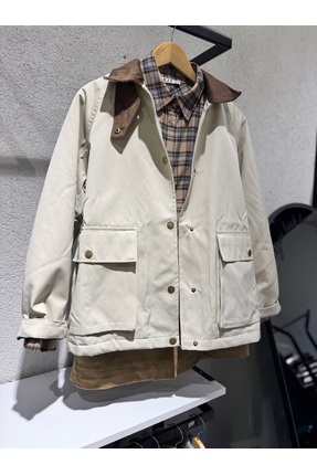 ESDİVABUTİK KADİFE YAKA ÖNÜ ÇITÇITLI CEPLİ MONT