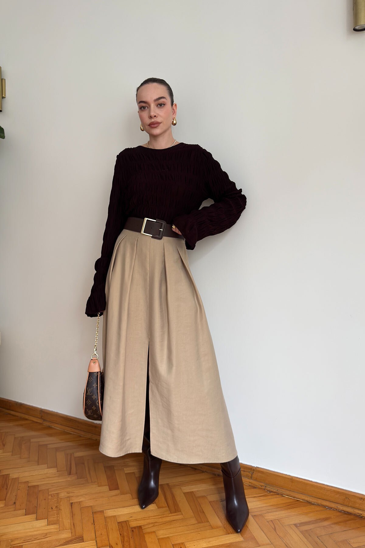 MAGARDE  Kemer Detaylı Önü Yırtmaçlı Midi Etek- HAKİ - Görsel 9