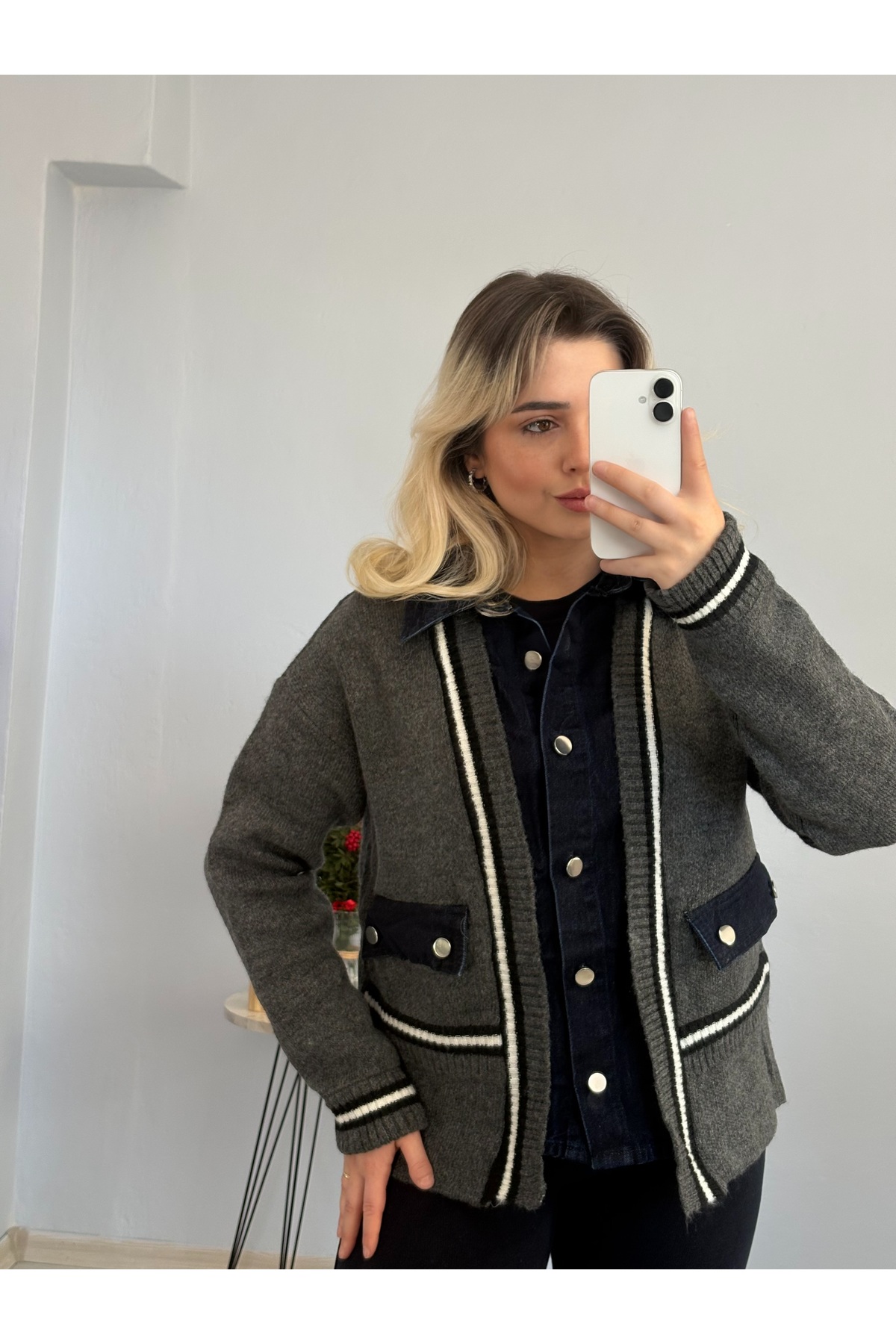 Denim Detay Cepli Hırka — خاکستری 263738200182 — تصویر 2 از 4