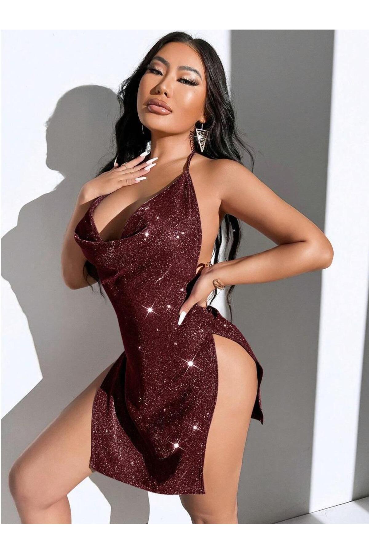 EFİL EFİL Kadın Bordo Parlak Simli Yırtmaçlı Mini Seksi Gecelik Gece Kıyafeti Şık Tasarım Gece Kıyafeti