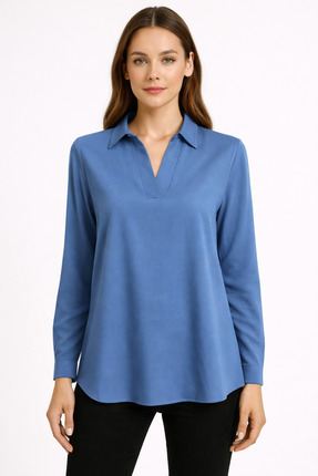 Nuevo İndigo Mavi Viskon V Yaka Rahat Kesim Uzun Kollu Kadın Gömlek Bluz -