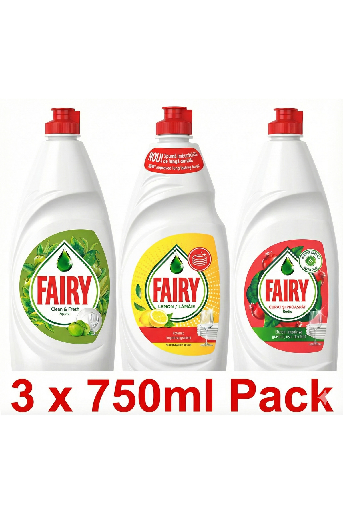 Fairy Detergent lichid de vase 3 x 750 ml PACHET COMPLET. Lămâie - Măr - Rodie