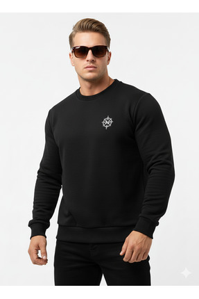 NEROBOX Prime Erkek Siyah Sweatshirt Pusula Nakışlı Pamuklu