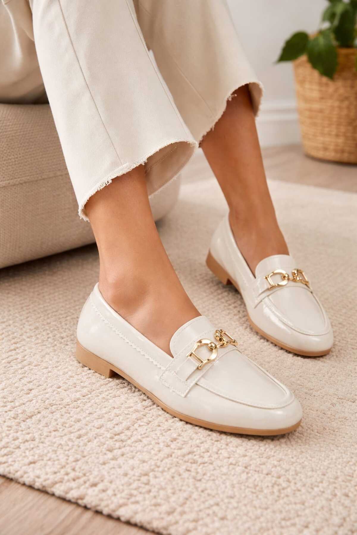 Macelife Kadın Bej Günlük Tokalı Loafer Ayakkabı görsel 5