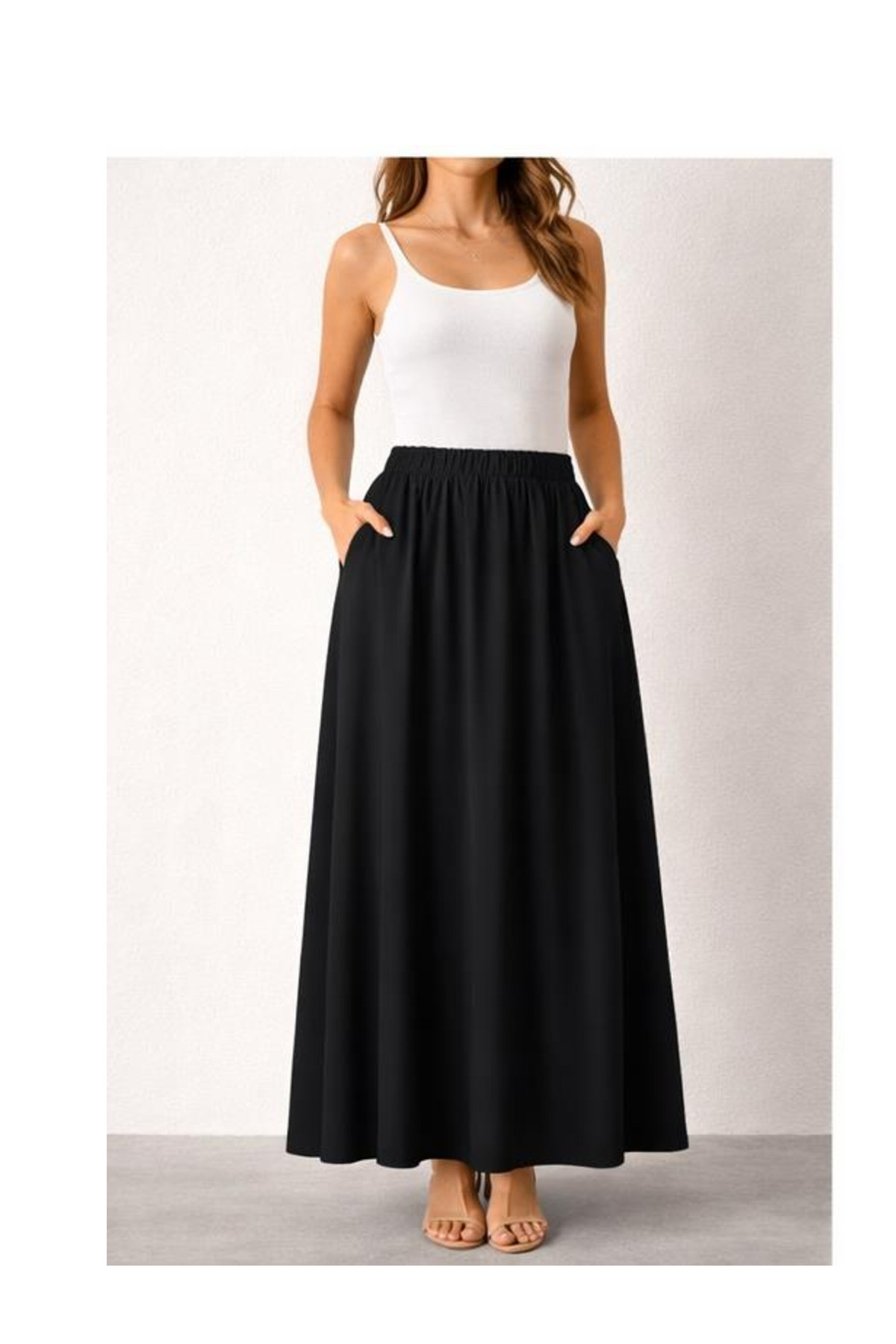 memetti m şekil  Kadın Siyah Beli Lastikli Cepli Double Bilek Boy Etek - Görsel 3