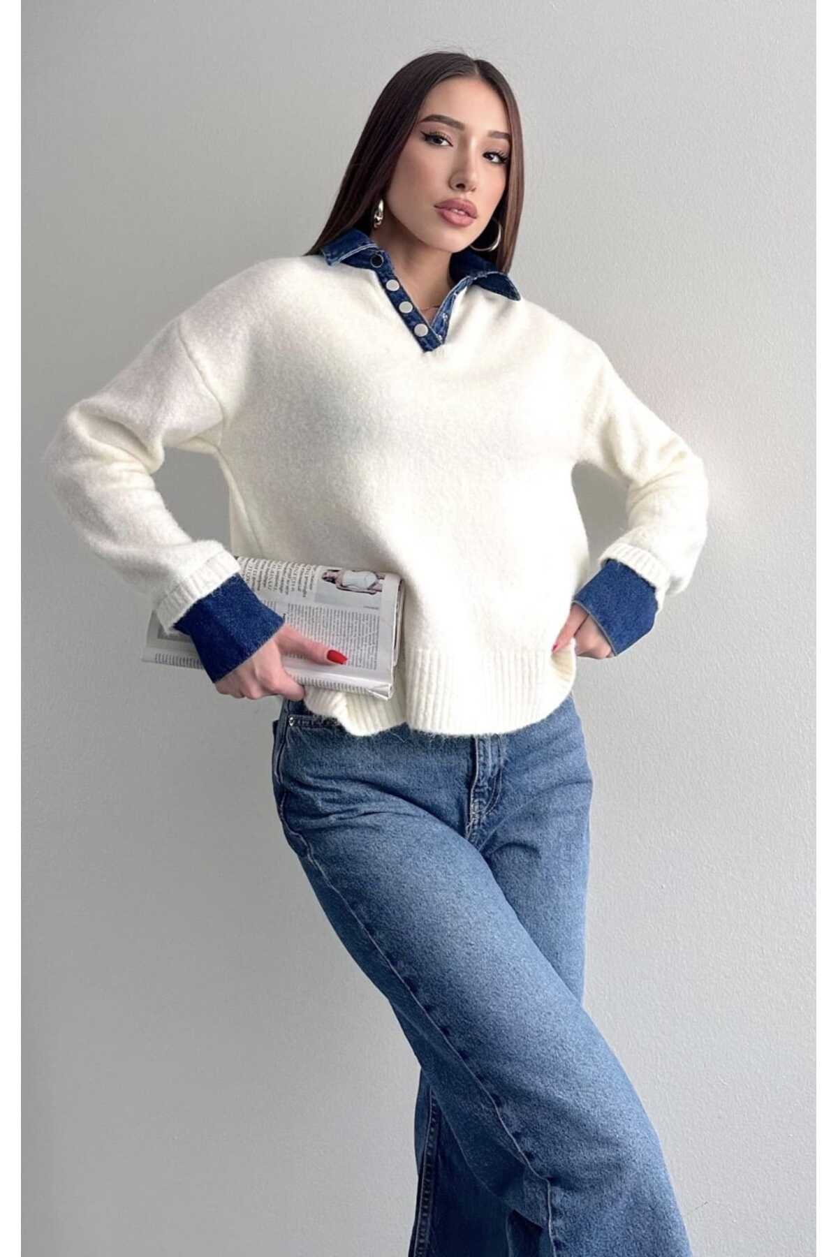 yeditepe fashion Jean Garnili Yumuşak Dokulu Triko