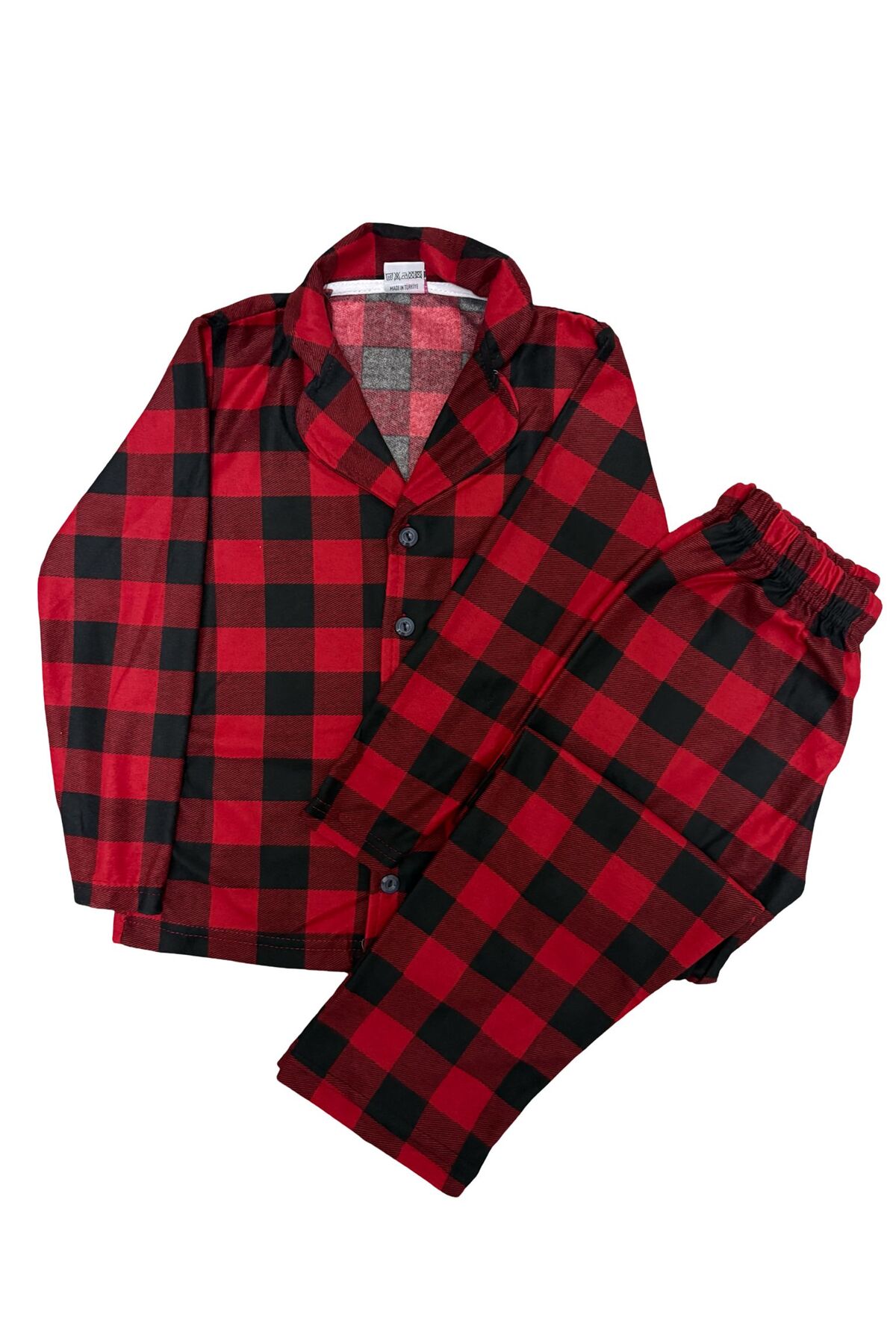 mışıl mışıl kids Kız Erkek Çocuğa uygun Kırmızı Siyah Kareli Düğmeli Süet Kumaş Pijama Takımı fotoğrafı 3 (önizleme)