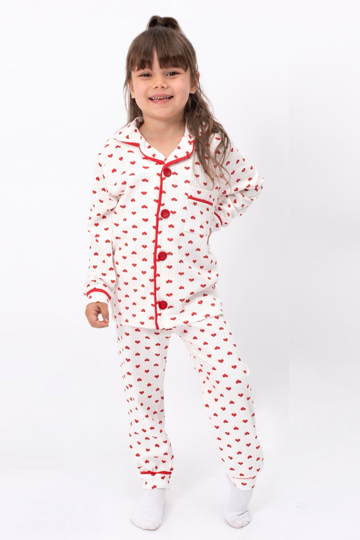 MixMax Bebe Girl's Heart Printed Long Sleeve Buttoned Pajamas Set 100% Cotton