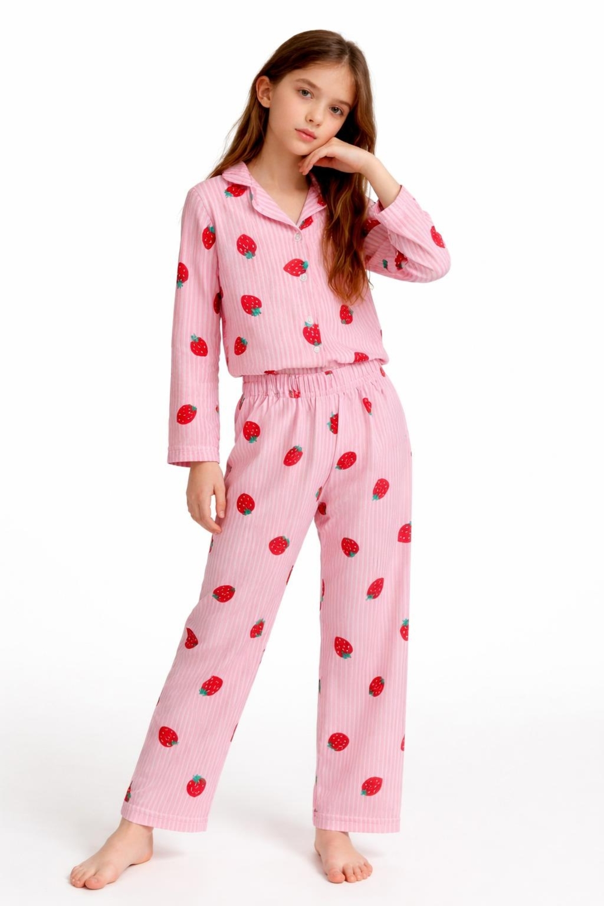 ARN HOMEWEAR çilek desenli milan kumaş pembe kız çocuk pijama takımı fotoğrafı 3 (önizleme)
