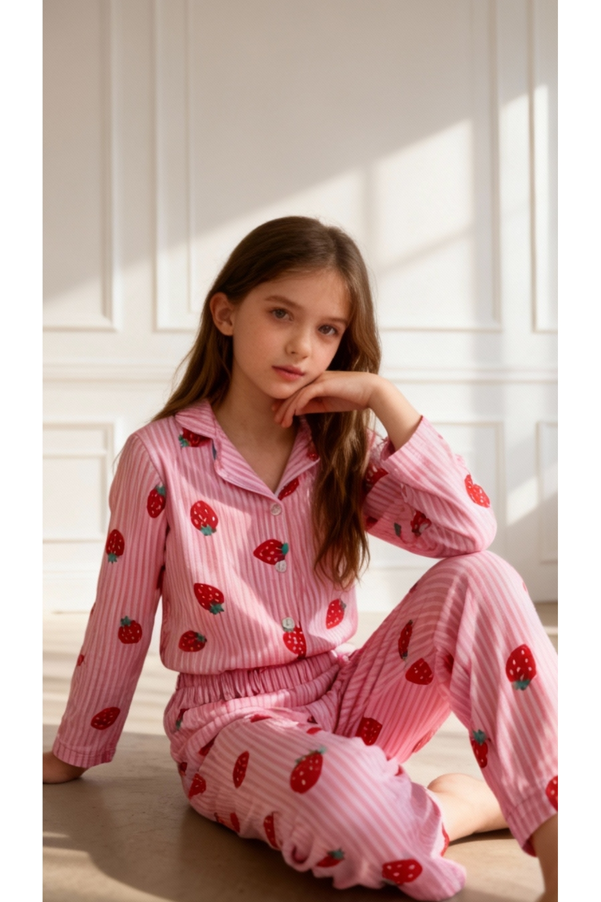 ARN HOMEWEAR çilek desenli milan kumaş pembe kız çocuk pijama takımı fotoğrafı 2 (önizleme)