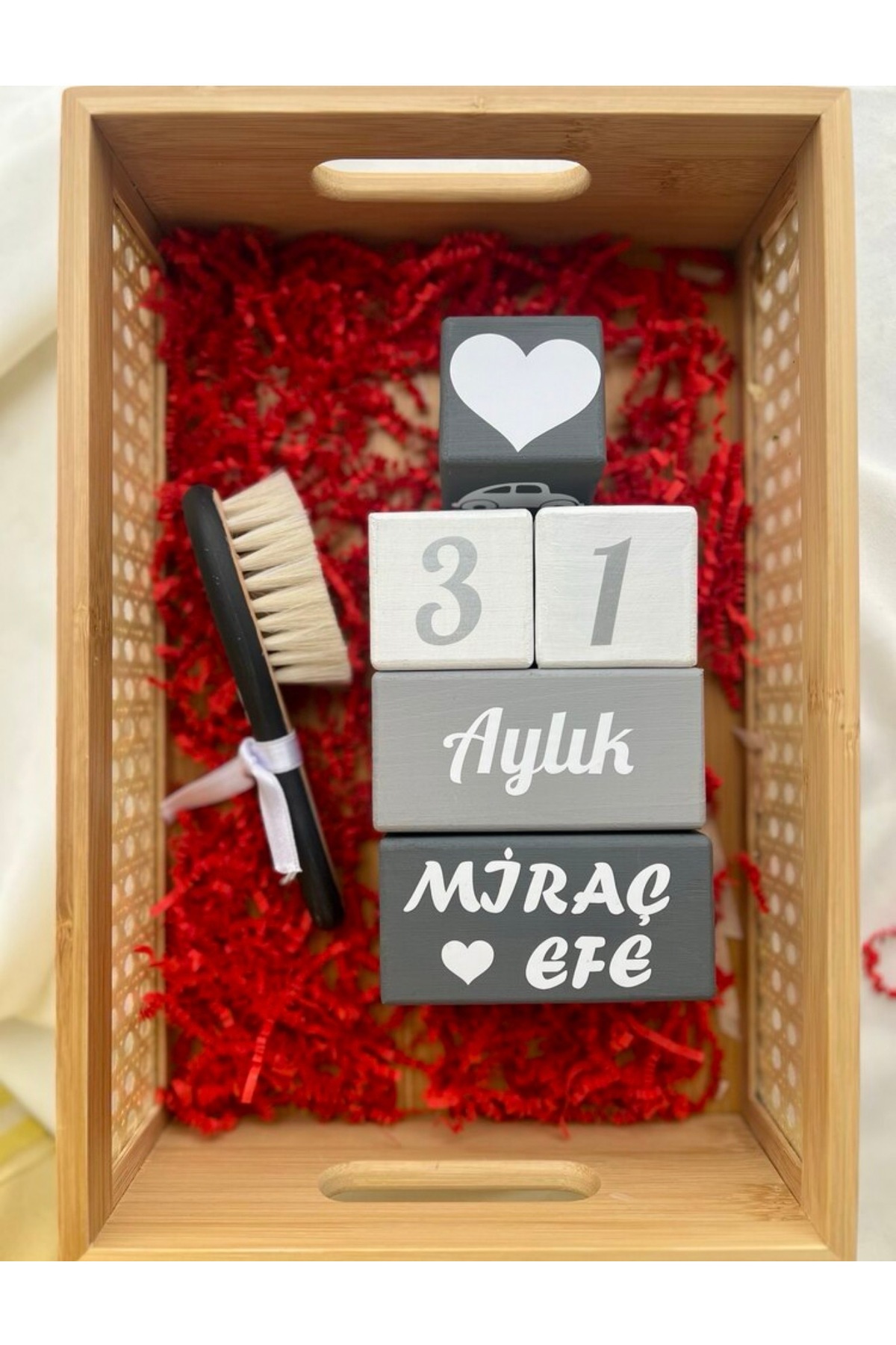 Gri Antrasit bebek anı küpü bebek anı seti isimli bebek saç fırçası
