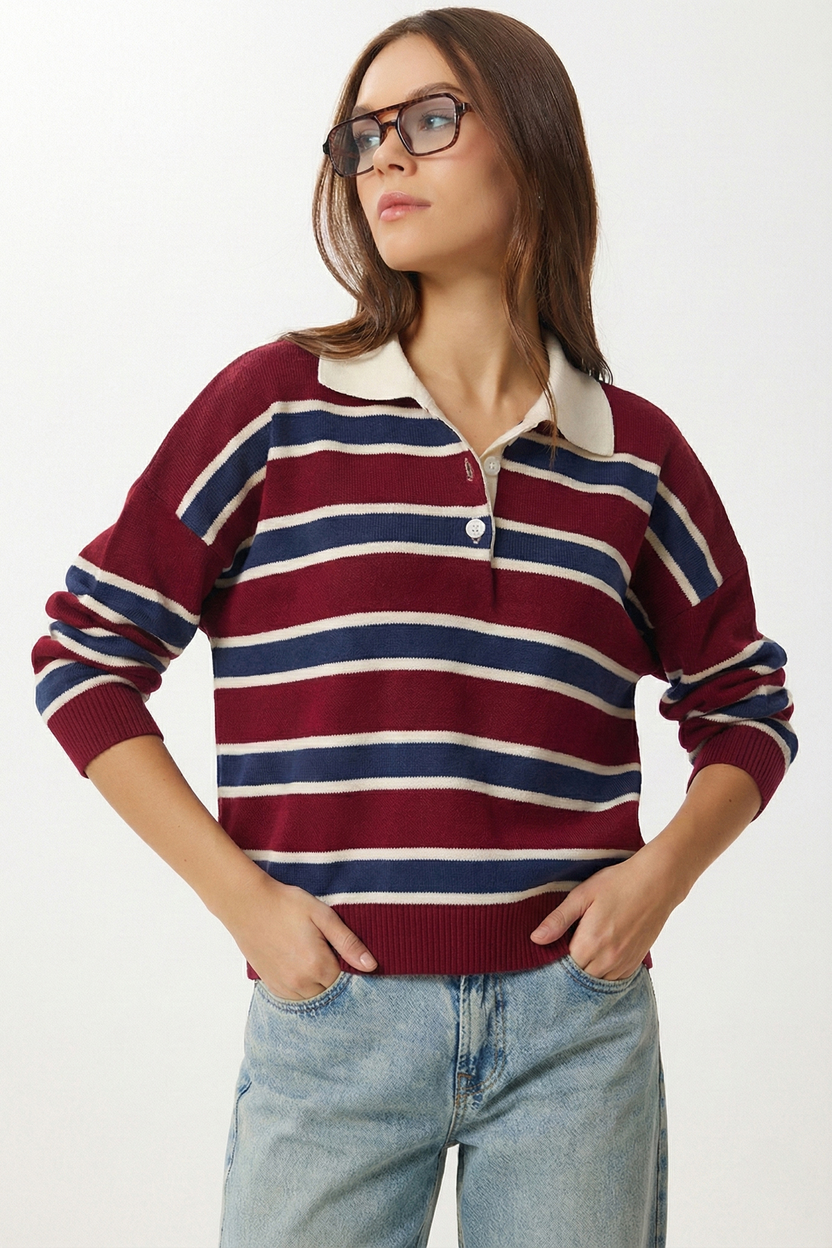 Lovelyİstanbul  Çizgili Polo Yaka Triko Kazak LXA0023 BORDO LACİVERT - Görsel 2