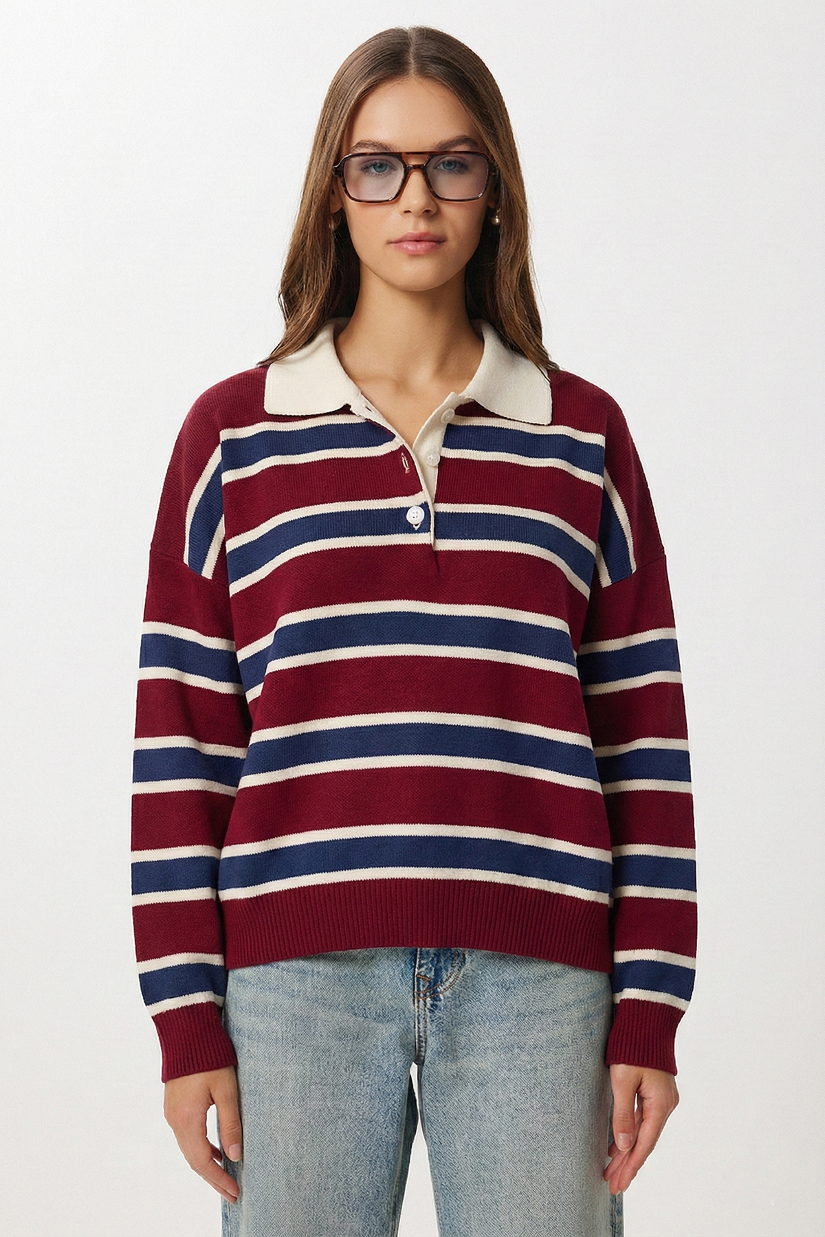 Lovelyİstanbul  Çizgili Polo Yaka Triko Kazak LXA0023 BORDO LACİVERT - Görsel 3