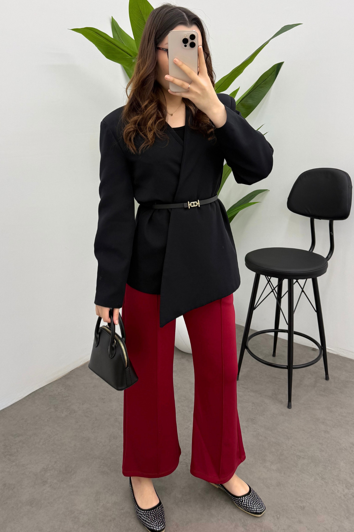 Women's Claret Red Rib Detailed Scuba Pants with Pockets