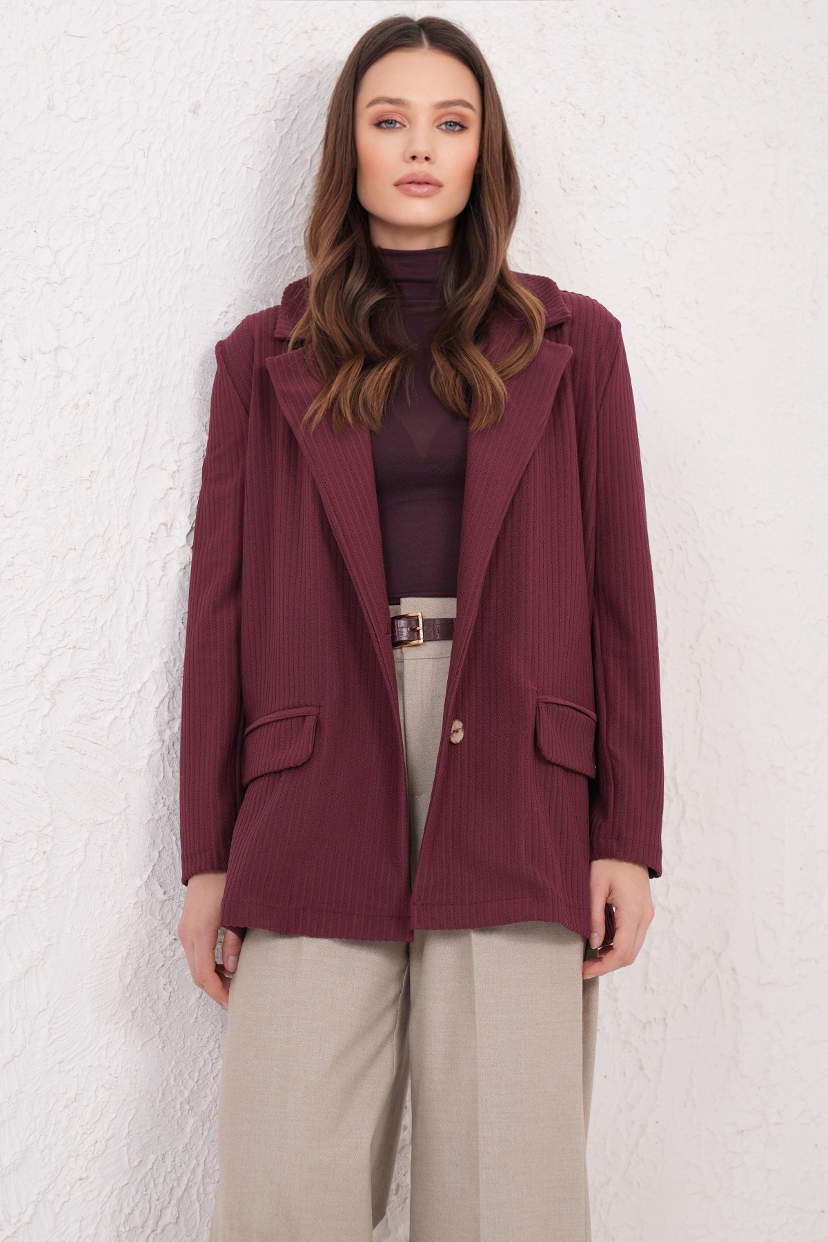 Trend Alaçatı Stili  Bordo Oversize Blazer Ceket ALC-X14776 - Görsel 4