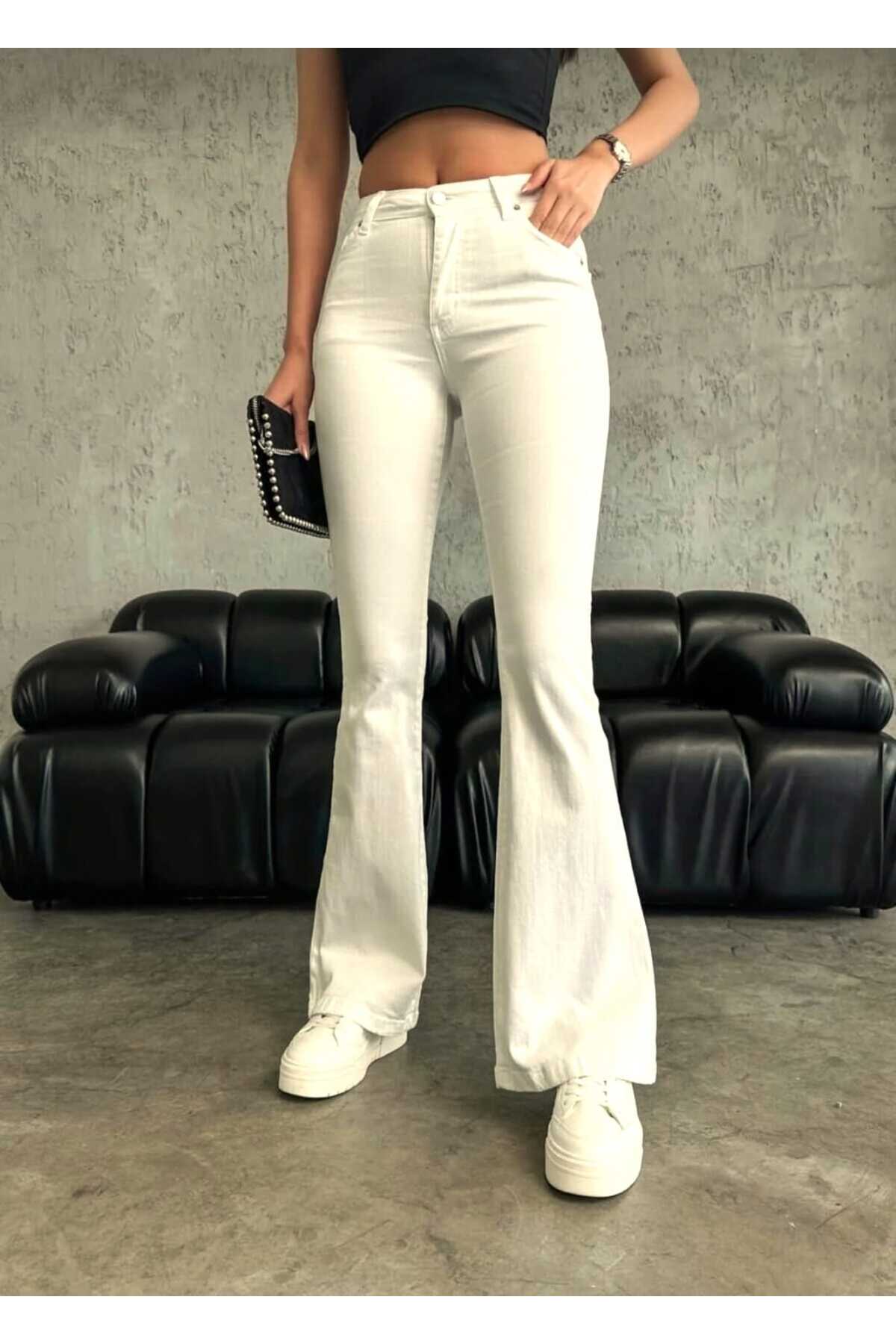 Ramrod  İspanyol Kadın Lilralı Kırık Beyaz Yüksek Bel Jeans (Kalın Kumaş İç göstermez) - Görsel 4