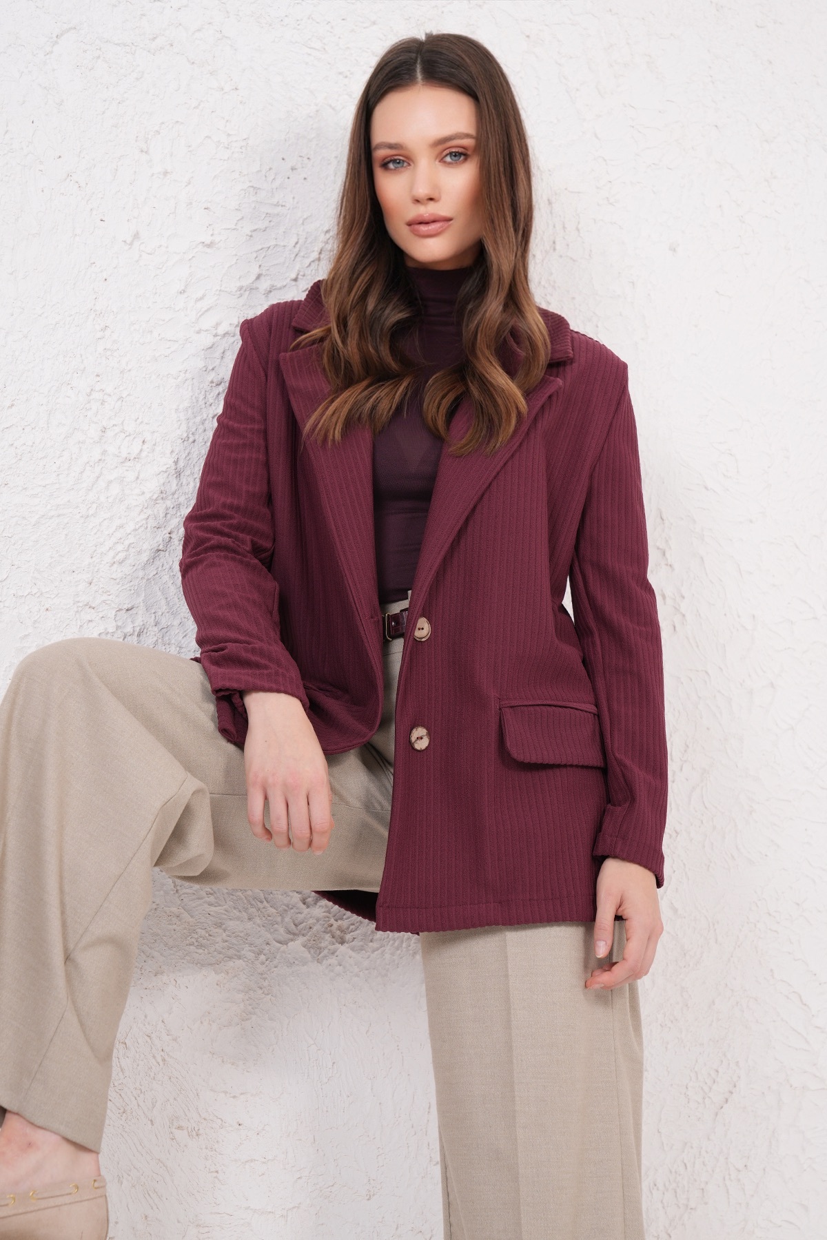 Trend Alaçatı Stili  Bordo Oversize Blazer Ceket ALC-X14776 - Görsel 7