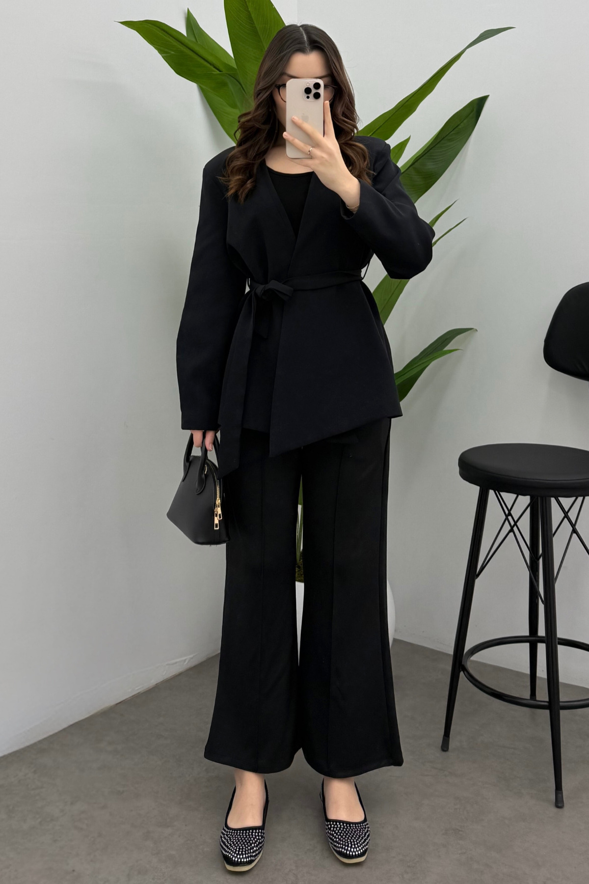 Women's Black Rib Sewing Detailed Scuba Pants with Pockets