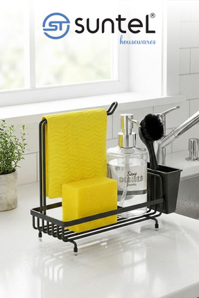 Suntel Mutfak Lavabo Üstü Düzenleyici Organizer - Siyah Metal Süngerlik, Dete...