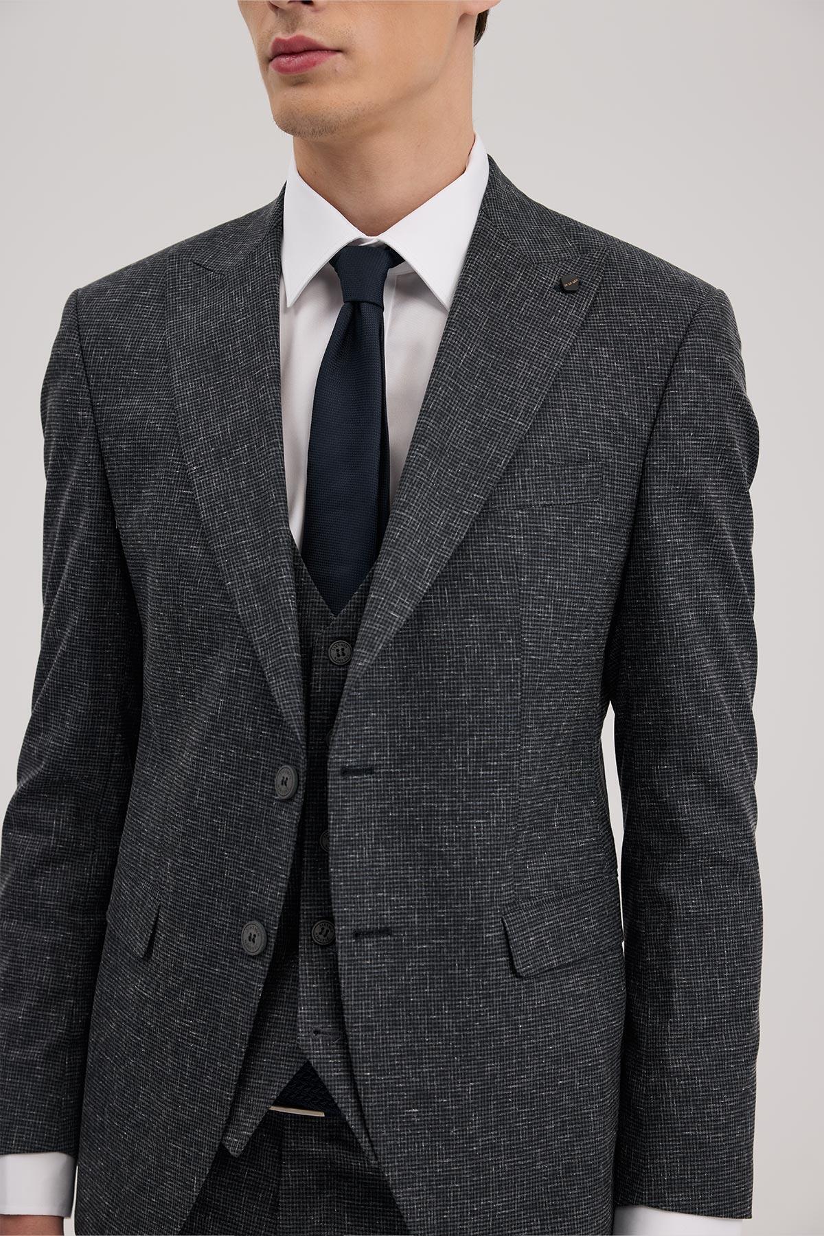 Koyu Lacivert Slim Fit Sivri Yaka Yelekli Takım Elbise — سرمه‌ای JK36SF02M108 — تصویر 3 از 5