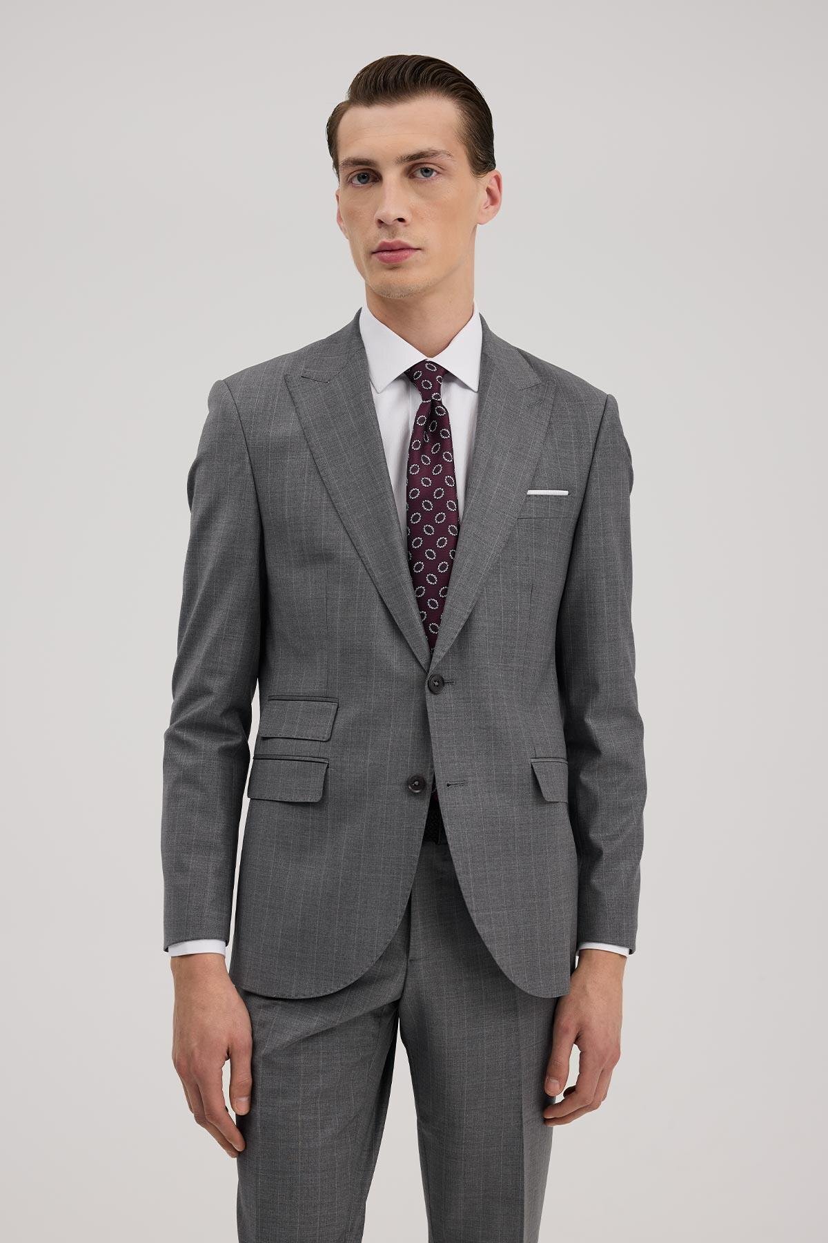 Jakamen Gray Wool Slim Fit Pointed Collar Suit