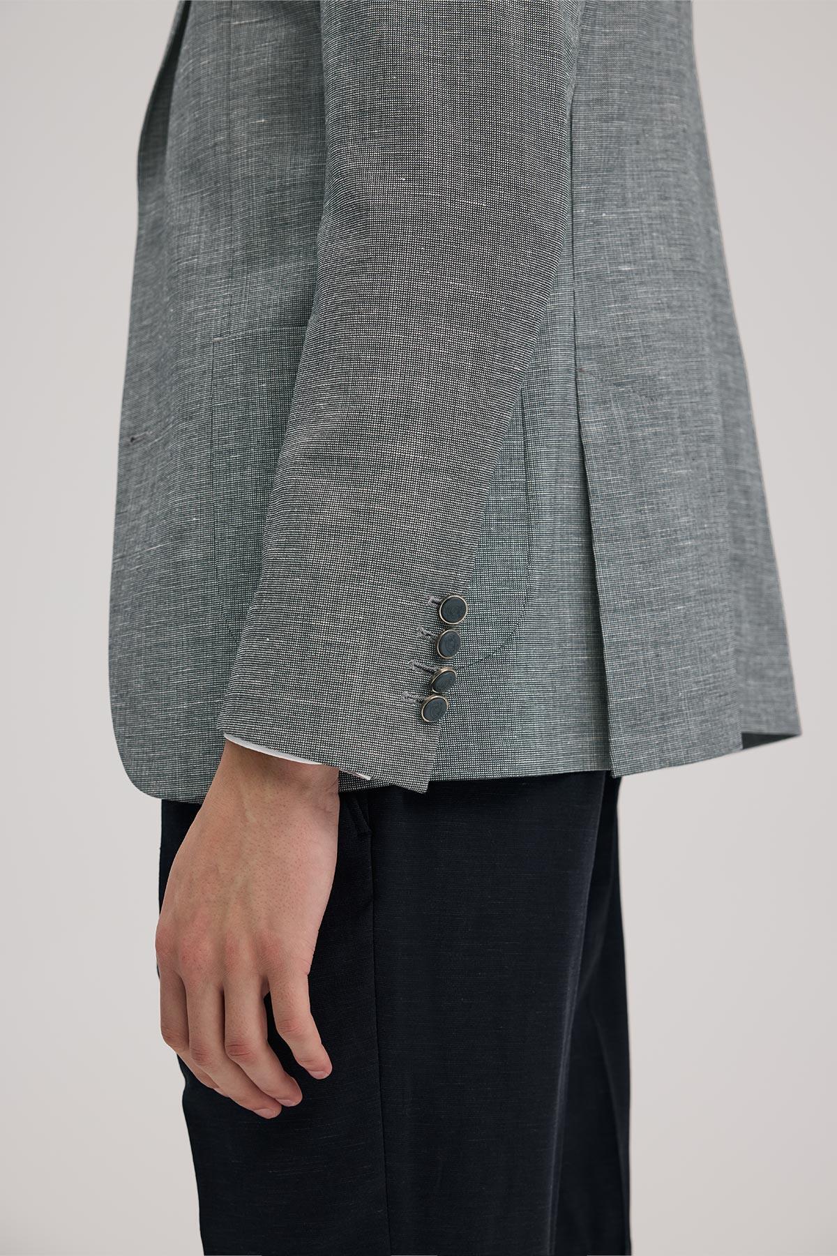 Lacivert Slim Fit Mono Yaka Yelekli Keten Karışımllı Takım Elbise — سرمه‌ای JK39SF02M093 — تصویر 5 از 5