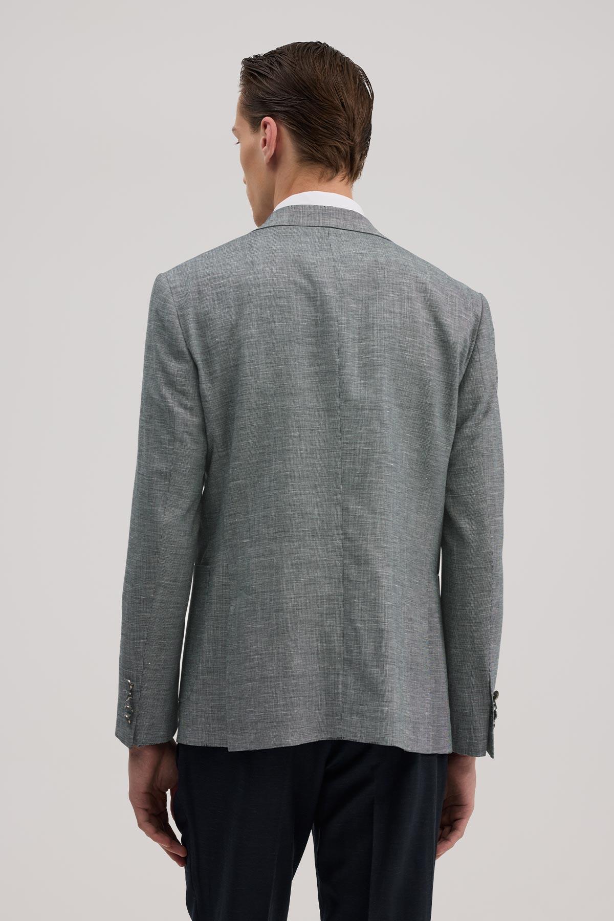 Lacivert Slim Fit Mono Yaka Yelekli Keten Karışımllı Takım Elbise — سرمه‌ای JK39SF02M093 — تصویر 4 از 5