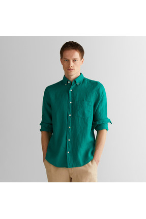 Gant Erkek Yeşil Regular Fit Düğmeli Yaka Keten Gömlek