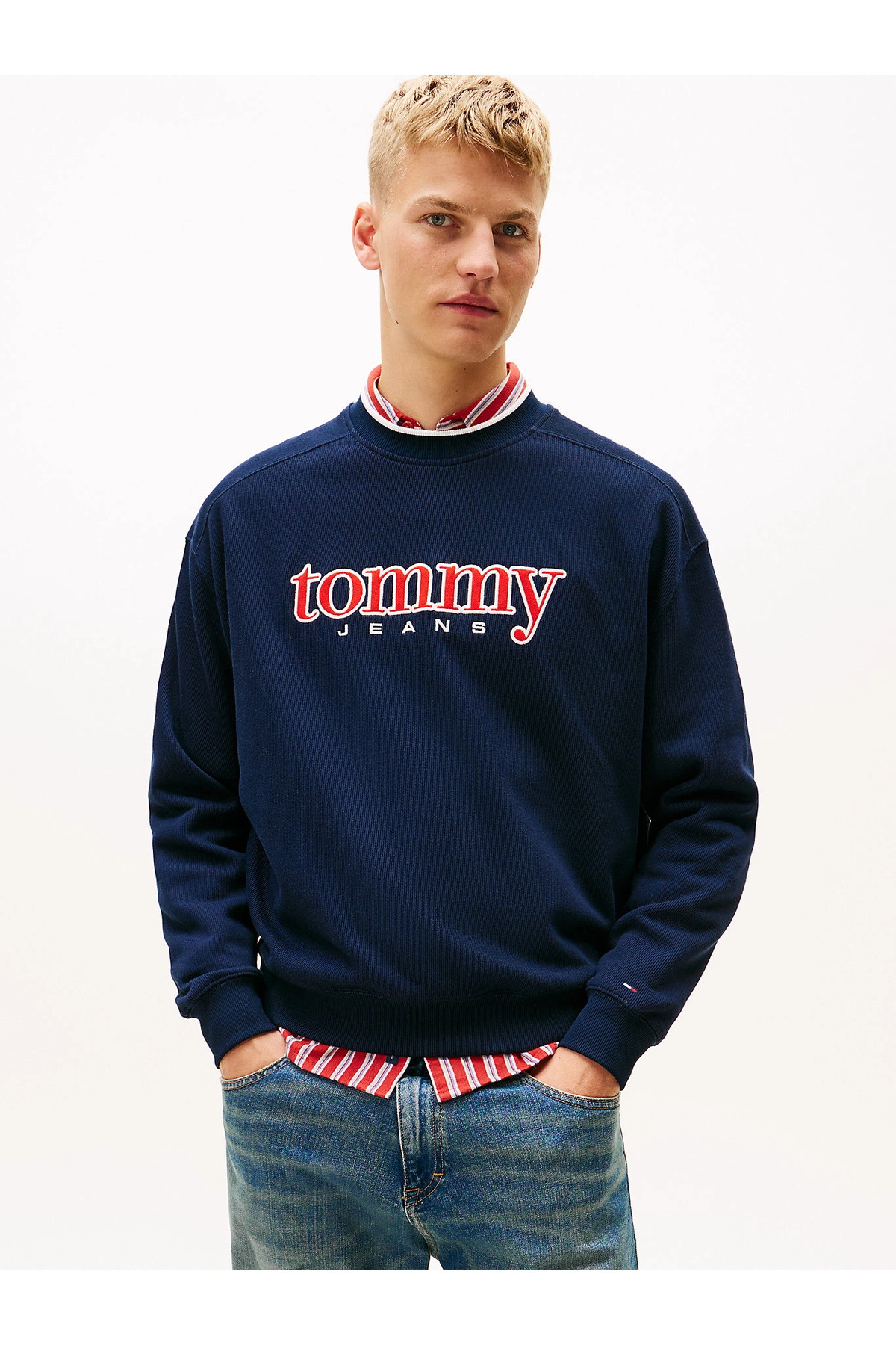 تامی هیلفیگر سویشرت آبی مردانه طرح‌دار TJM مدل دهه ۹۰ میلادی، یقه گرد، طرح گرافیکی، DM0DM22373C1G