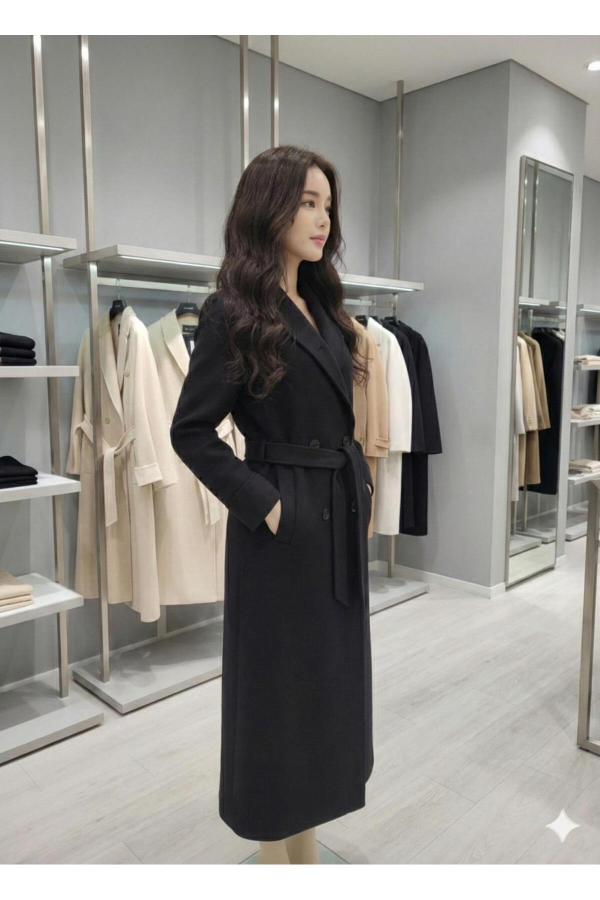 ribana  Kuşaklı Yeni Sezon Astarlı Premium Kalite Rahat Kalıp Kadın Kruvaze Yaka Kaşe Kaban D99581 - Görsel 2