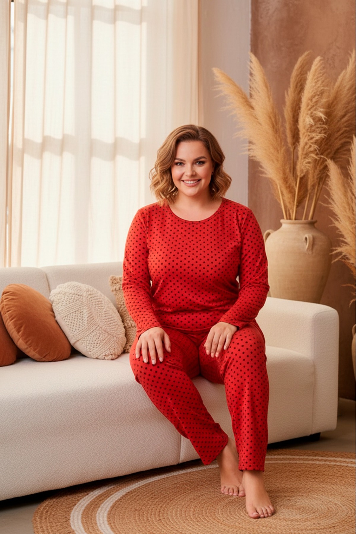 LİLA İÇ GİYİM  Battal Siyah Nokta Detaylı Büyük Beden Pijama Takımı