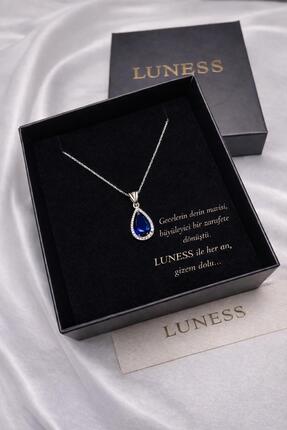 LUNESS Mavi Taşlı Damla Kolye 925 Ayar Gümüş –