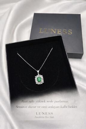 LUNESS Zümrüt Taşlı Dikdörtgen Kadın Kolye 925 Ayar Gümüş –