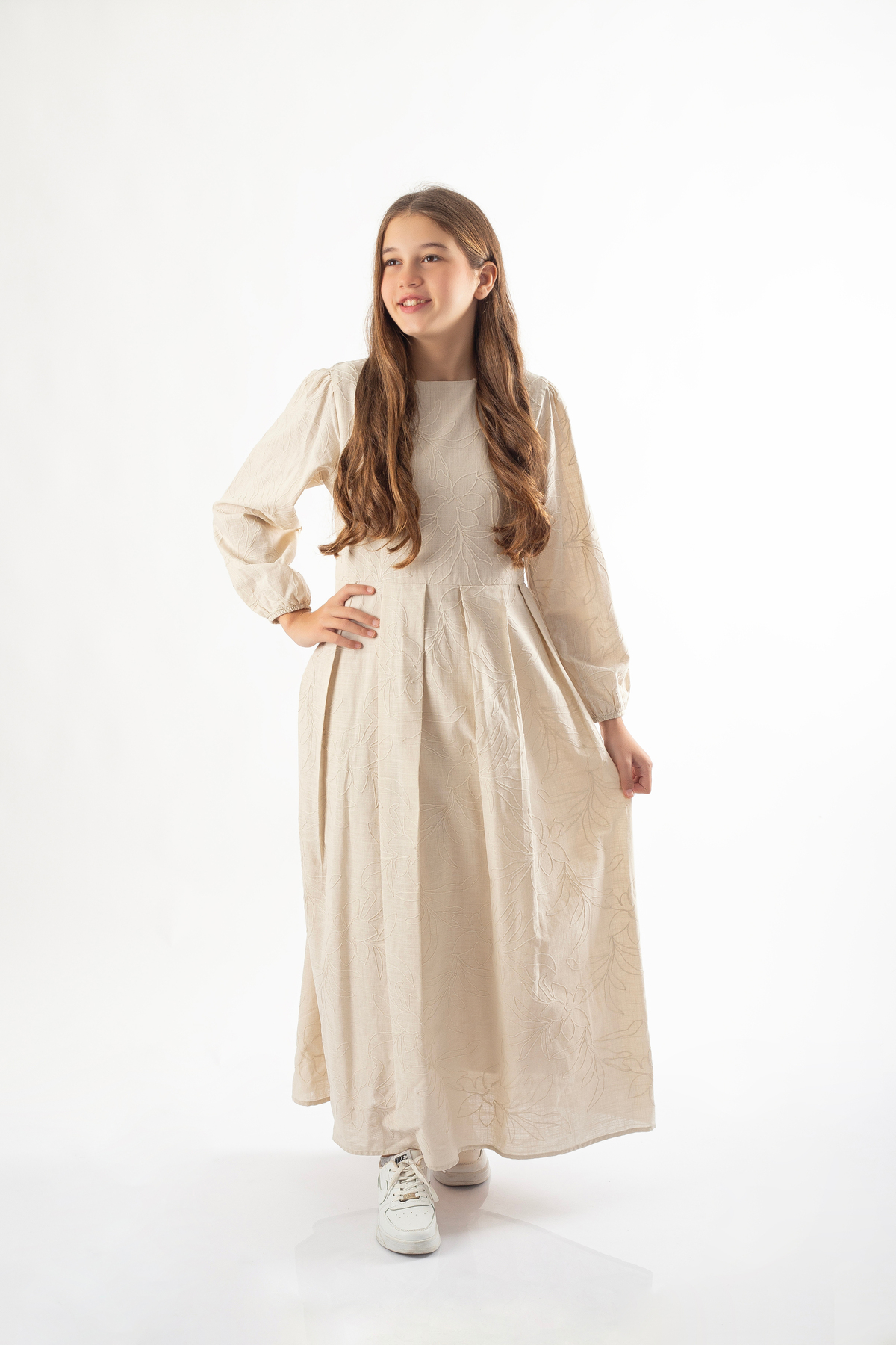 Kız Çocuk Süzene Nakış Detaylı Belden Bağlamalı Elbise, Boydan Çocuk Tesettür Elbise 7-14 Yaş 2104-05