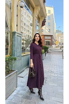 Genesis cannes Cannes Lala V Yaka Belden Bağlamalı Maxi Boy Mürdüm Elbise