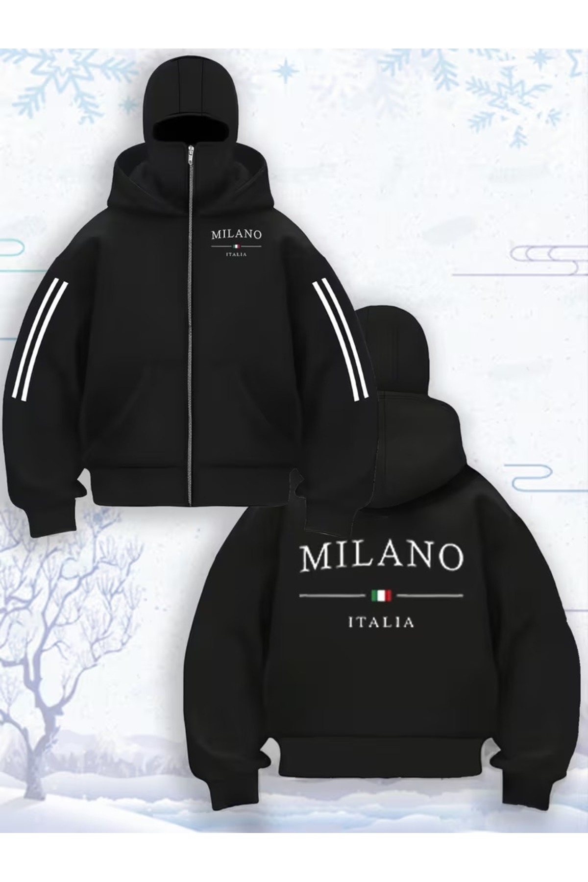 LAND MODA Kar Maskeli Ninja Unisex Sweatshirt Hırka 2iplik kalın polar