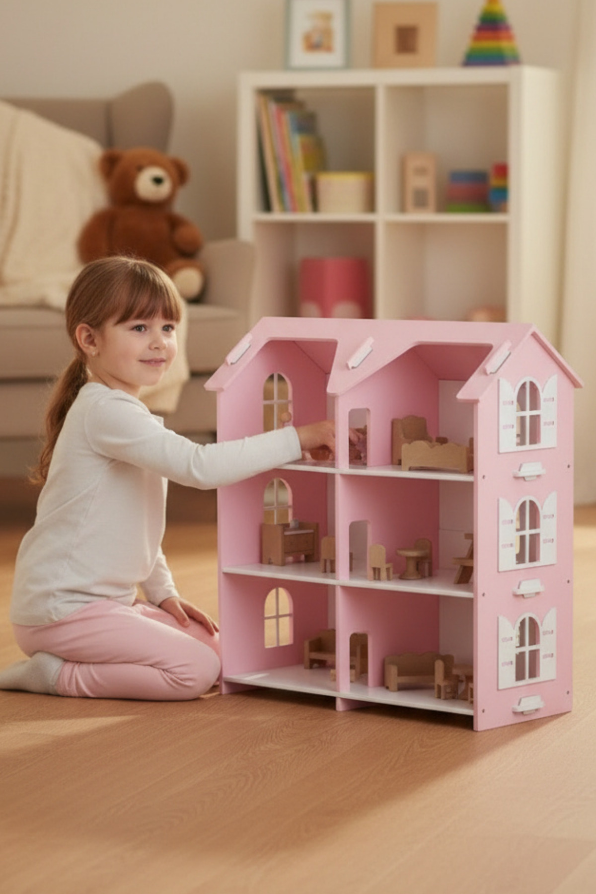 hedefixtoys LED Işıklı Ahşap Oyuncak Ev | 3 Katlı Pembe Montessori Bebek Evi fotoğrafı 6 (önizleme)