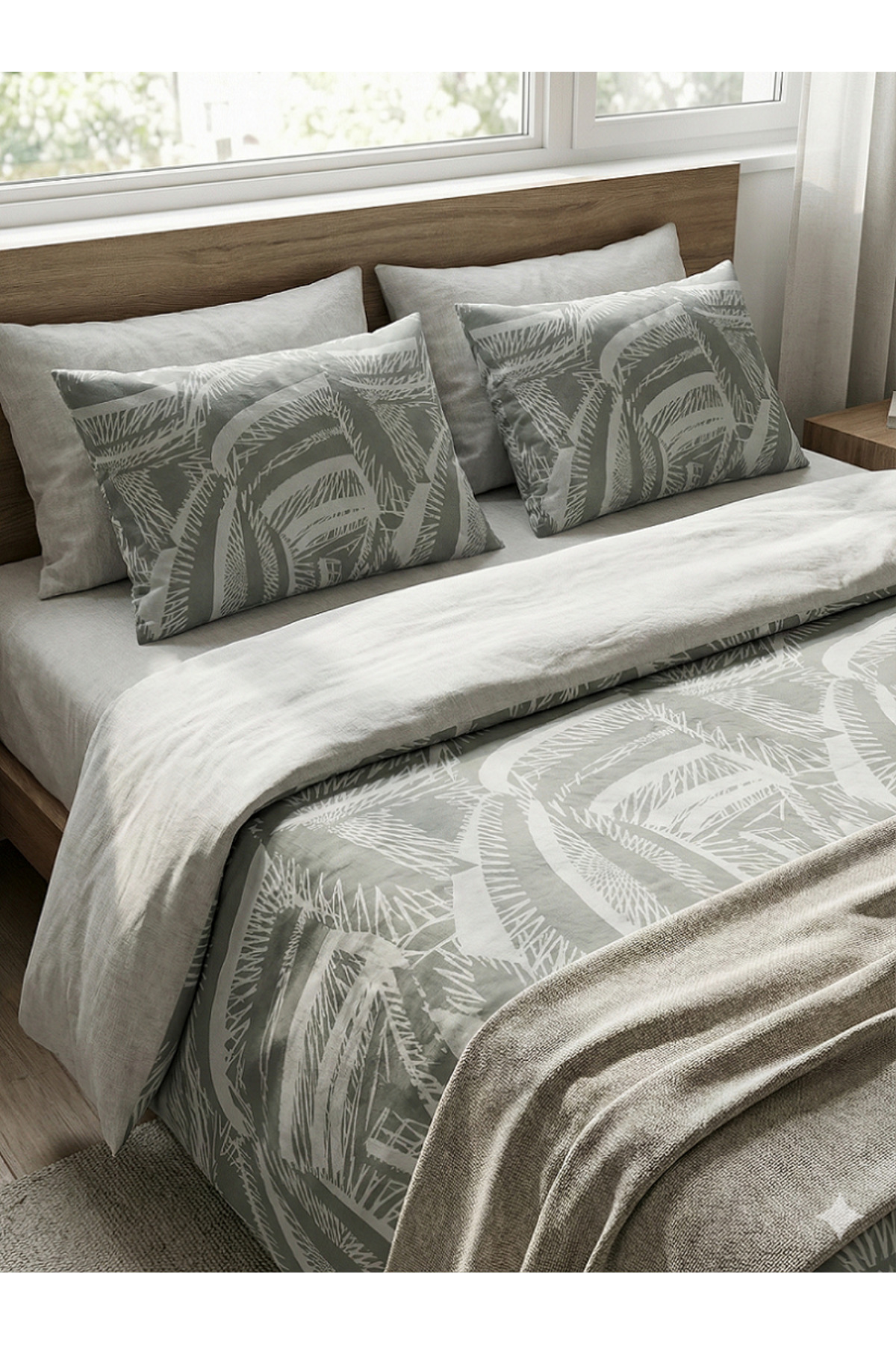 Makiteks 100% Cotton Palm Leaves Patterned 200x220+2* (50x70) Double Duvet Cover Set