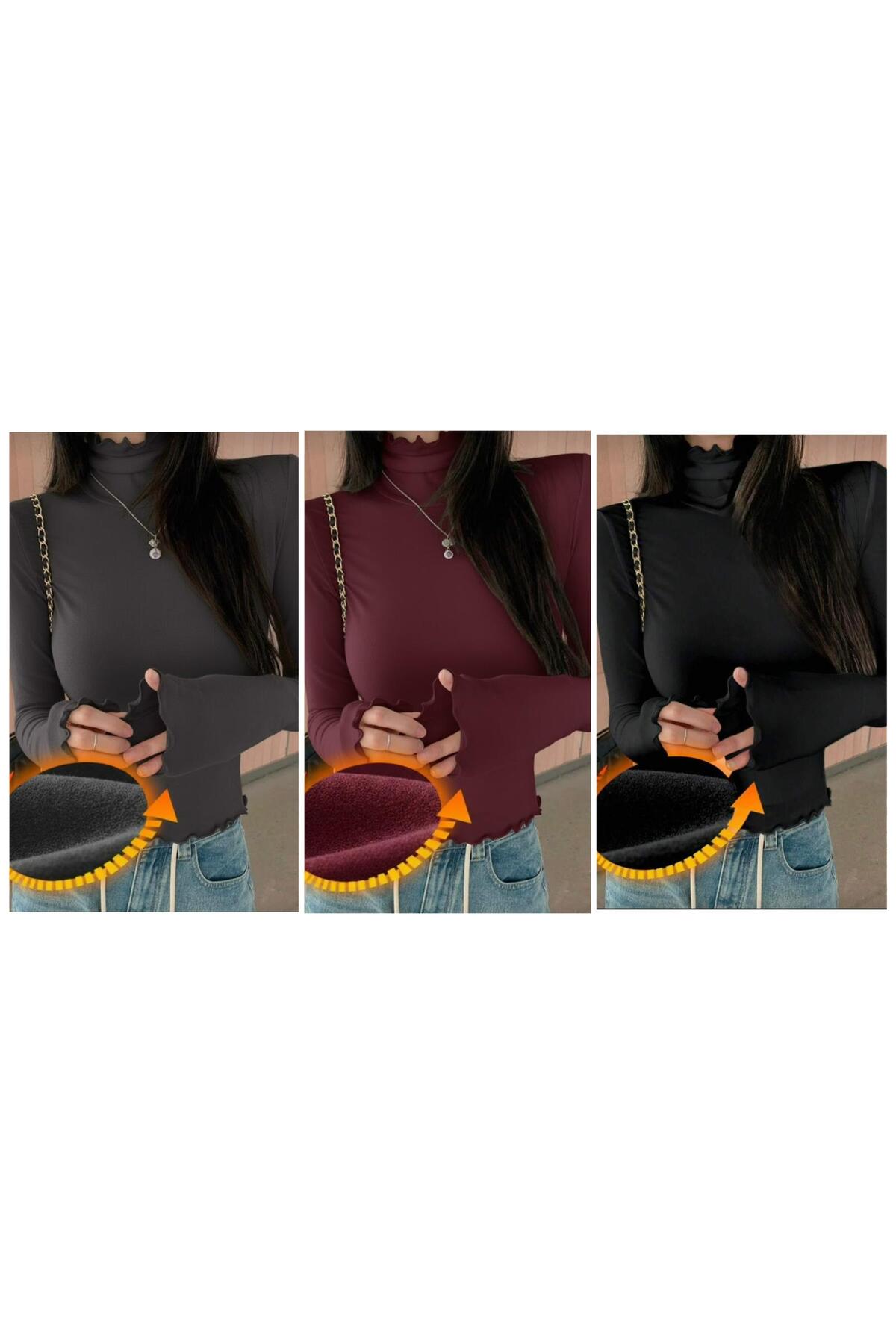 3-Piece Advantageous Package Claret Red, Anthracite, Black Fleece Long Sleeve Bodysuit with Plunger Throat 0047