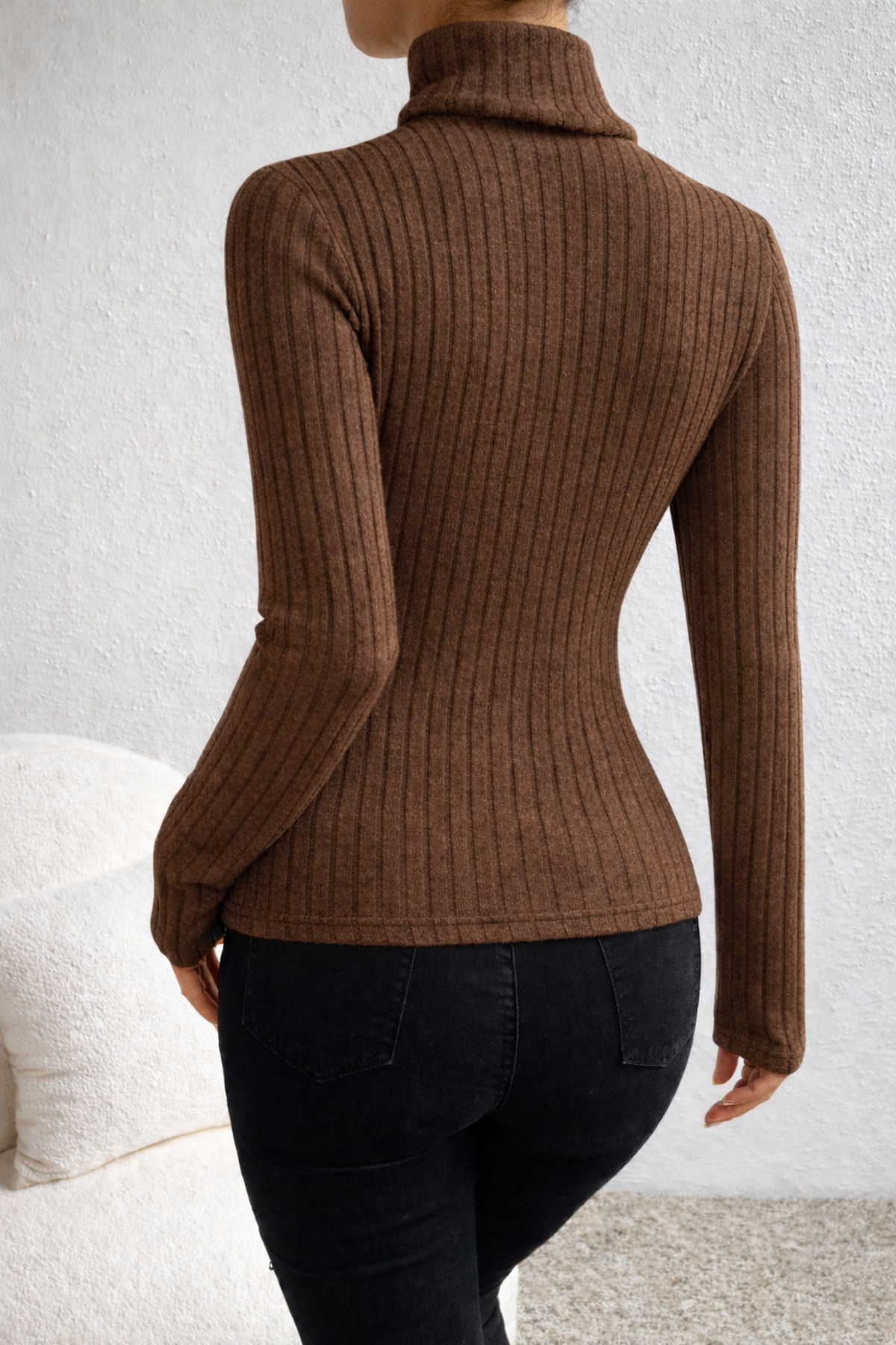 ÖZ PAMUK  Tam Boğazlı Yaka Örme RİBANA KUMAŞ Mevsimlik Uzun Kazak BLUZ - Görsel 2