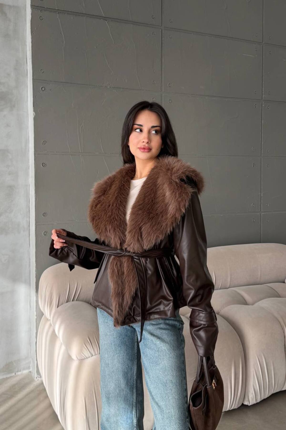 ÖNER  Yeni Sezon Kadın Deri Mont Kürk Yaka Mont Deri Kürk Yaka Deri Ceket Mont Kadın - Görsel 6