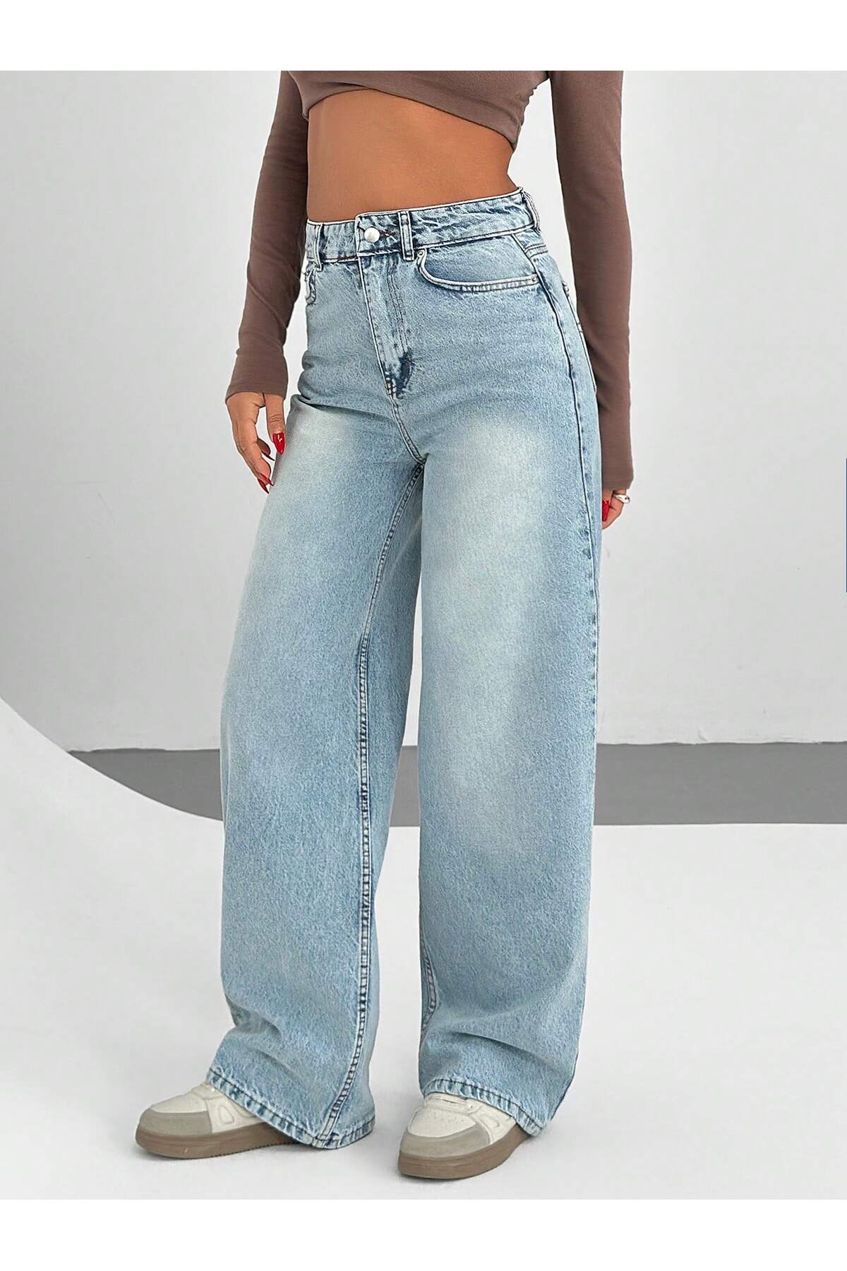 circle  Yüksek Bel Geniş Paça Açık Mavi Kadın Pantolon - Görsel 4